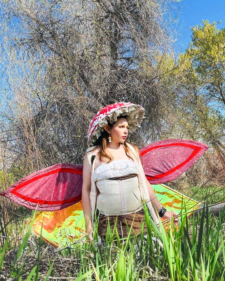 red mushroom fairy with DIY fairy wings