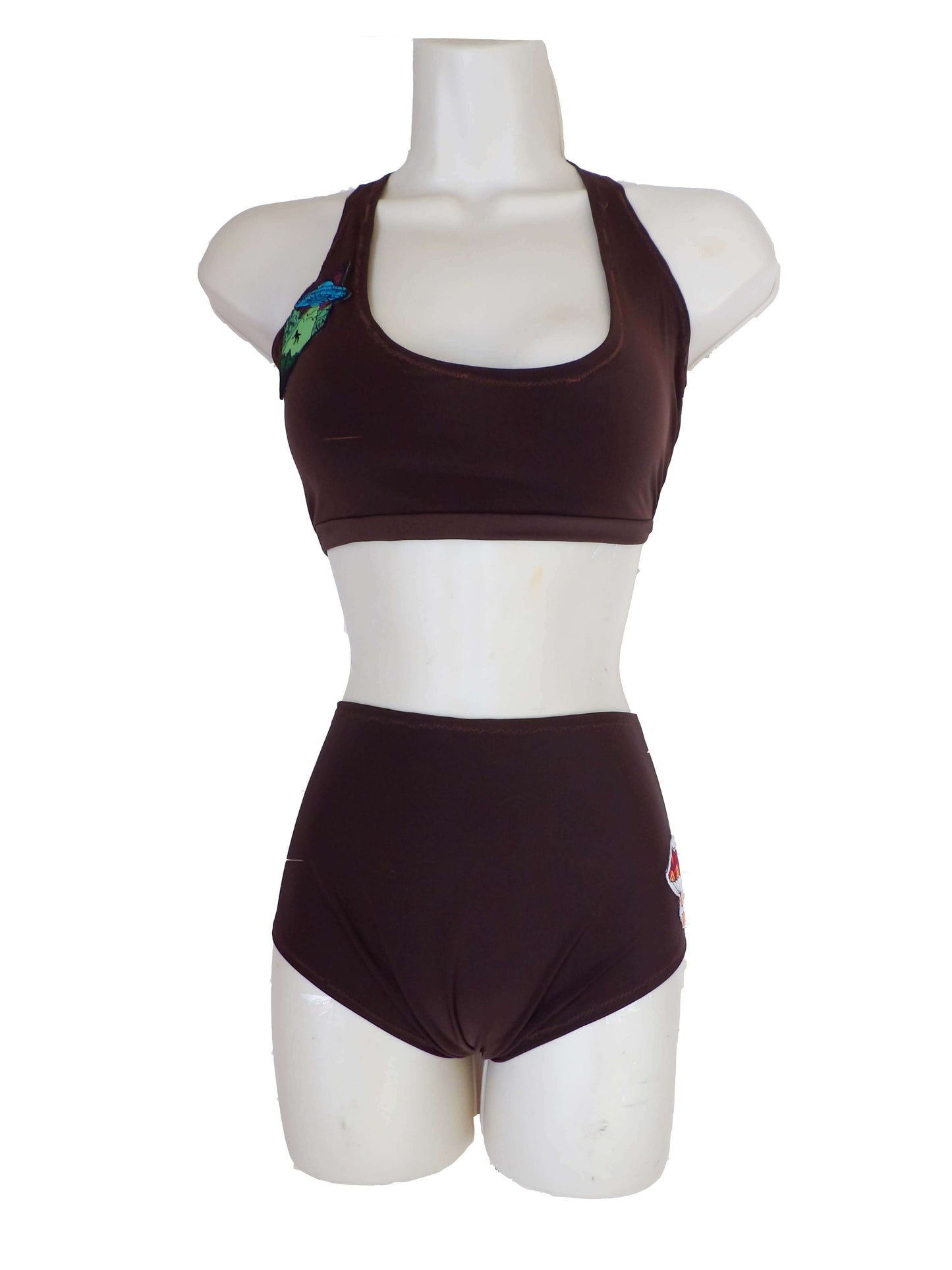 Classic Brown Booty Shorts with Mushroom Patch detail