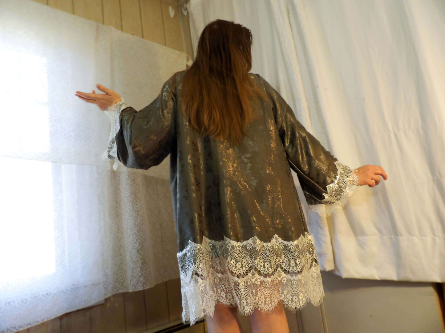 Gray Floral Satin Robe