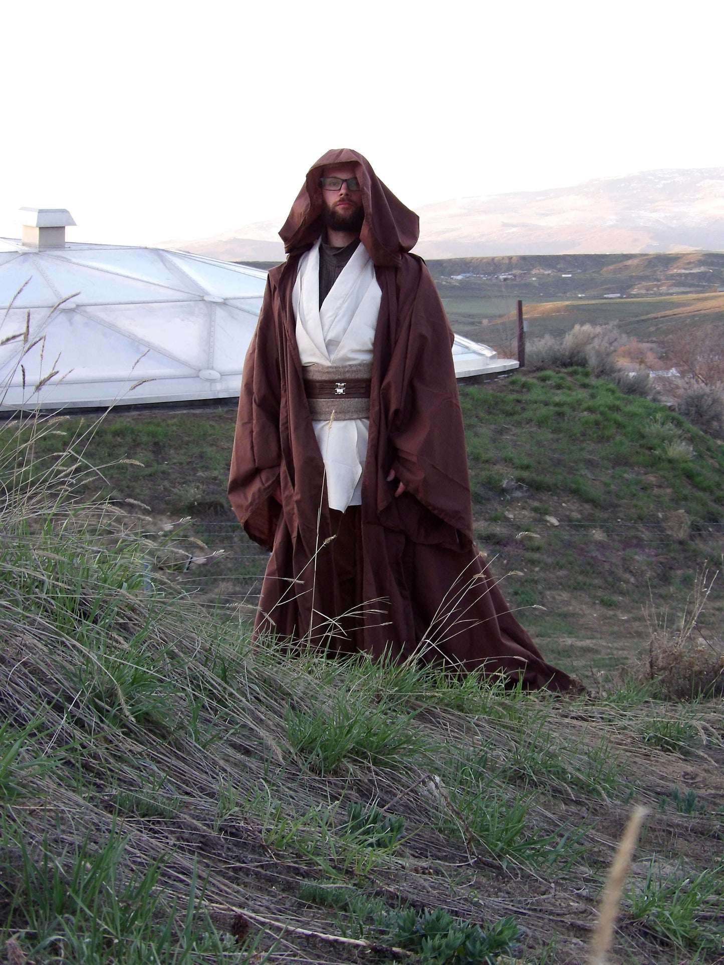 Jedi Cosplay with Full Brown Robe and Under Robes in Light Biege