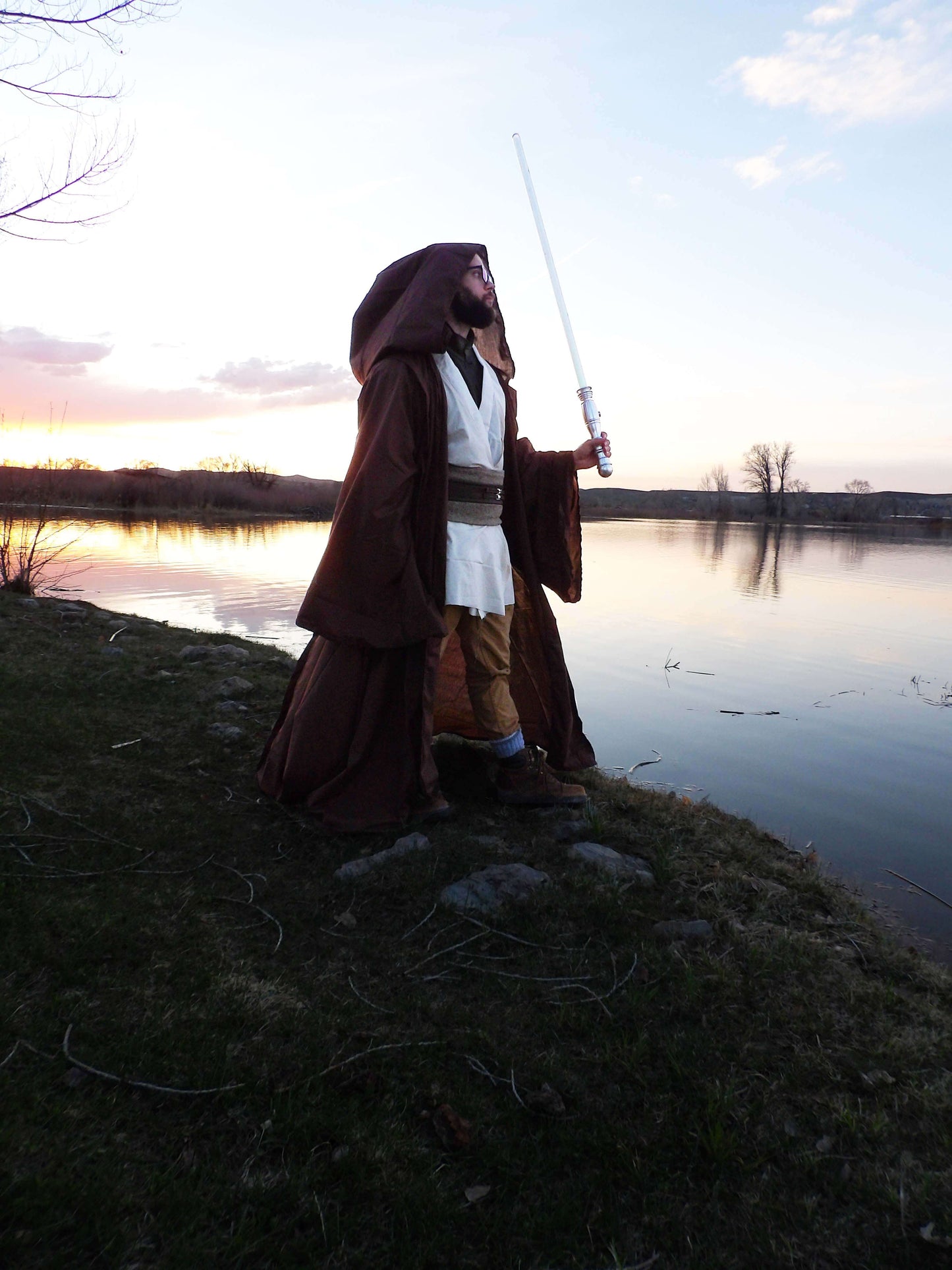 Jedi Cosplay with Full Brown Robe and Under Robes in Light Biege
