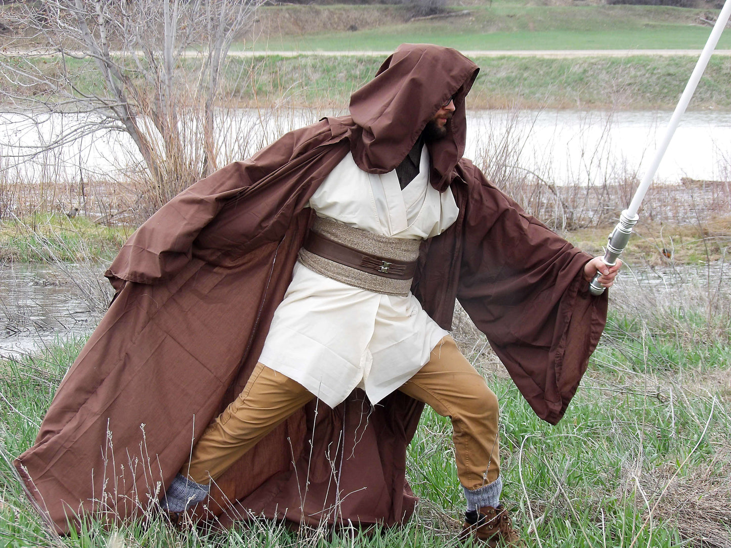 Jedi Cosplay with Full Brown Robe and Under Robes in Light Biege