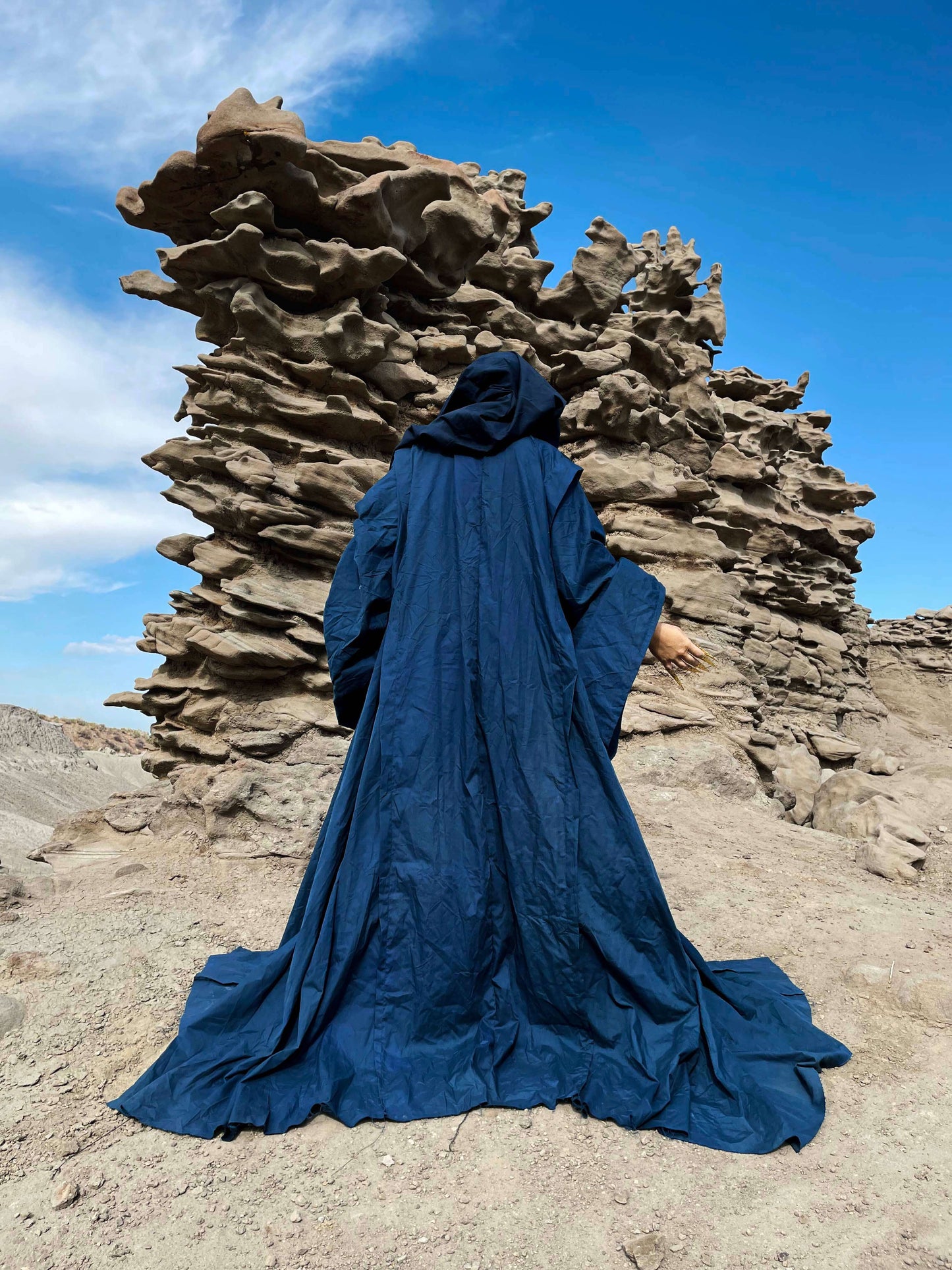 Navy Blue Occult Robe with Giant Hood, Oversized Sleeves
