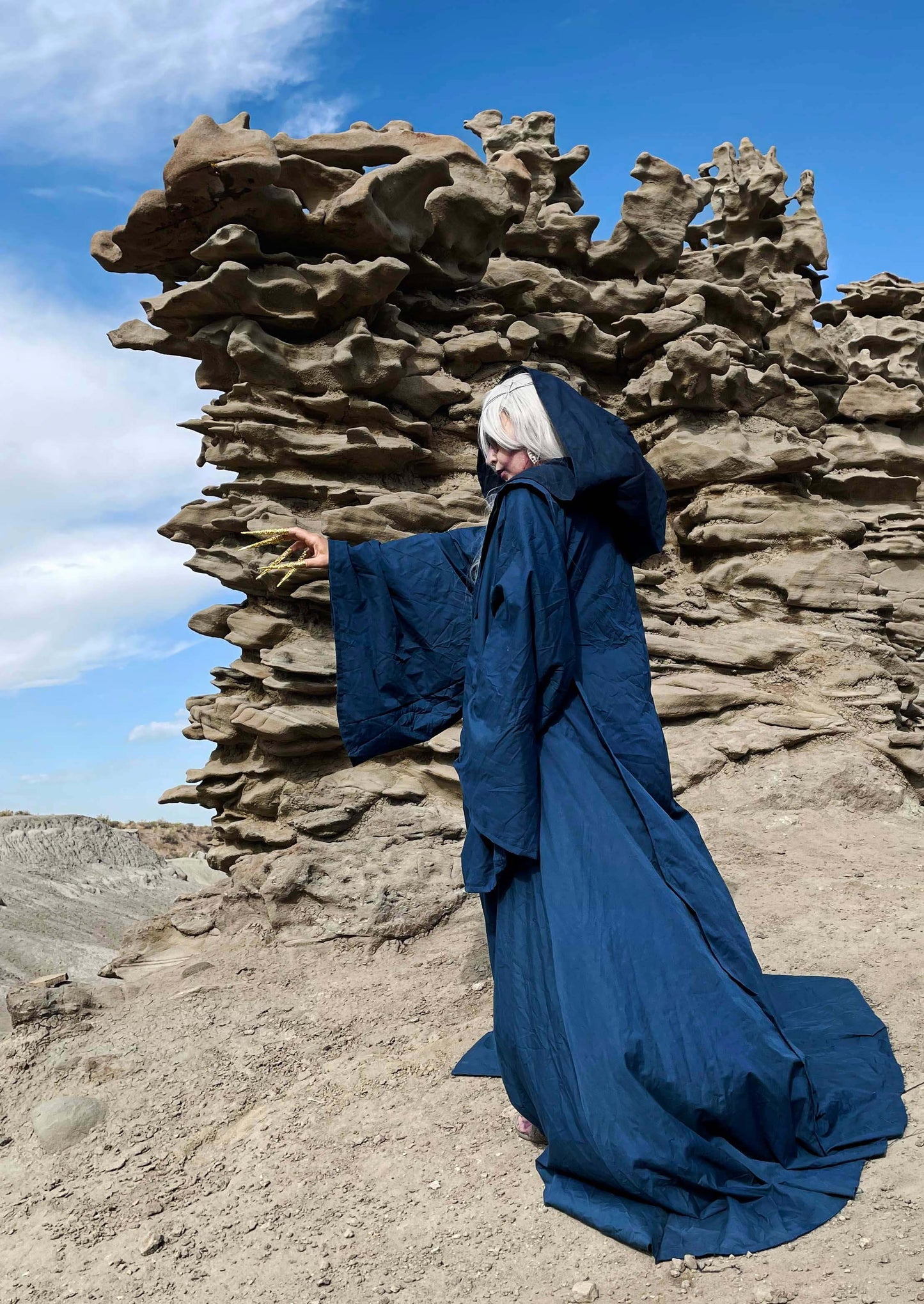 Navy Blue Occult Robe with Giant Hood, Oversized Sleeves
