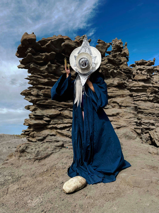 Navy Blue Occult Robe with Giant Hood, Oversized Sleeves
