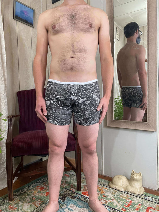 model in gray space pattern boxer briefs