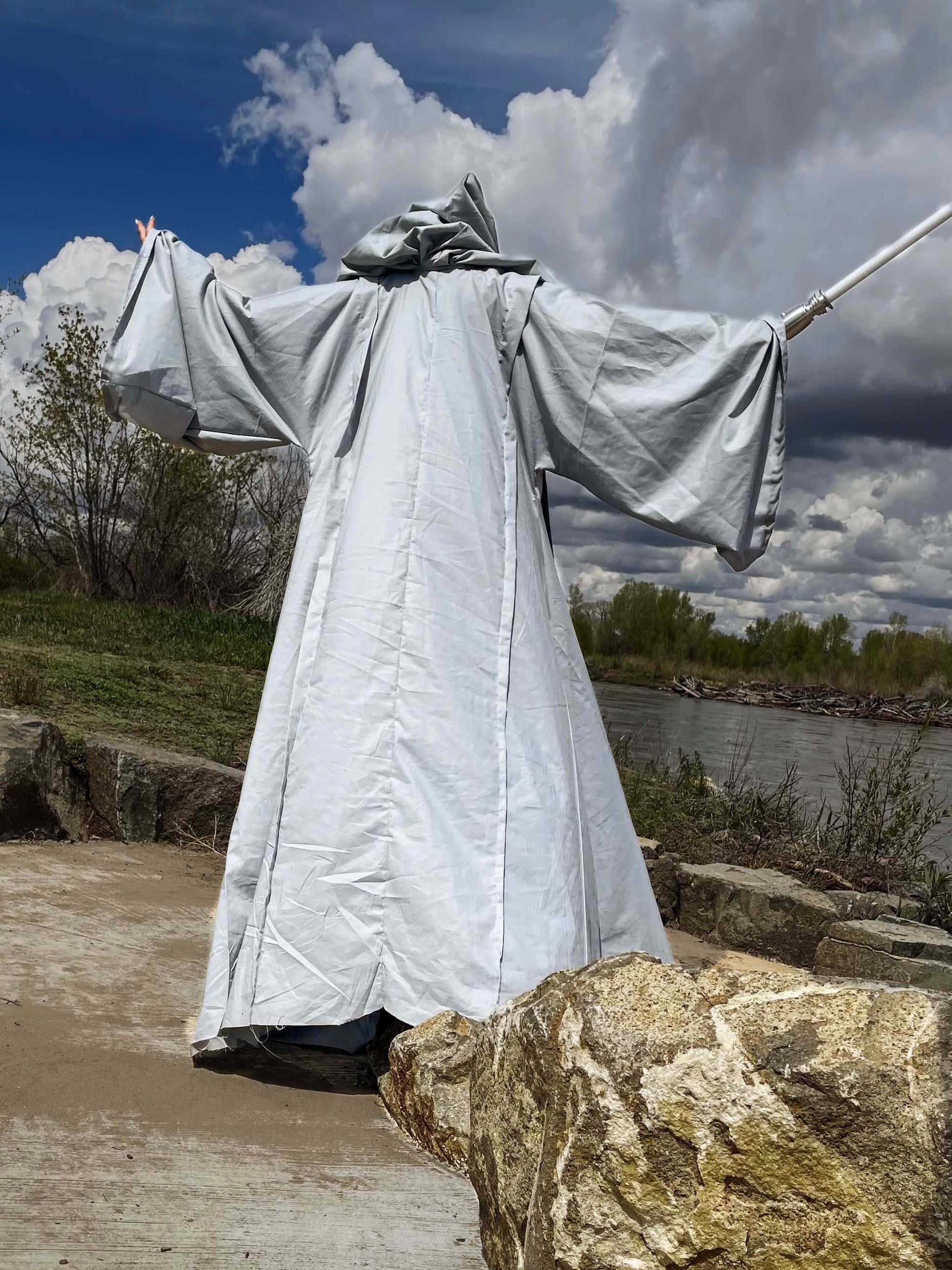 back of gray full robe