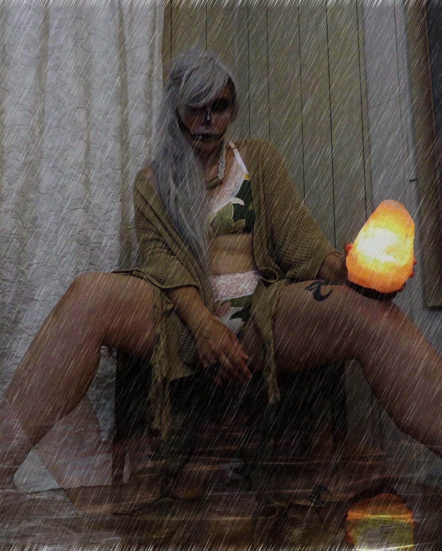 skull woman in the rain in lingerie