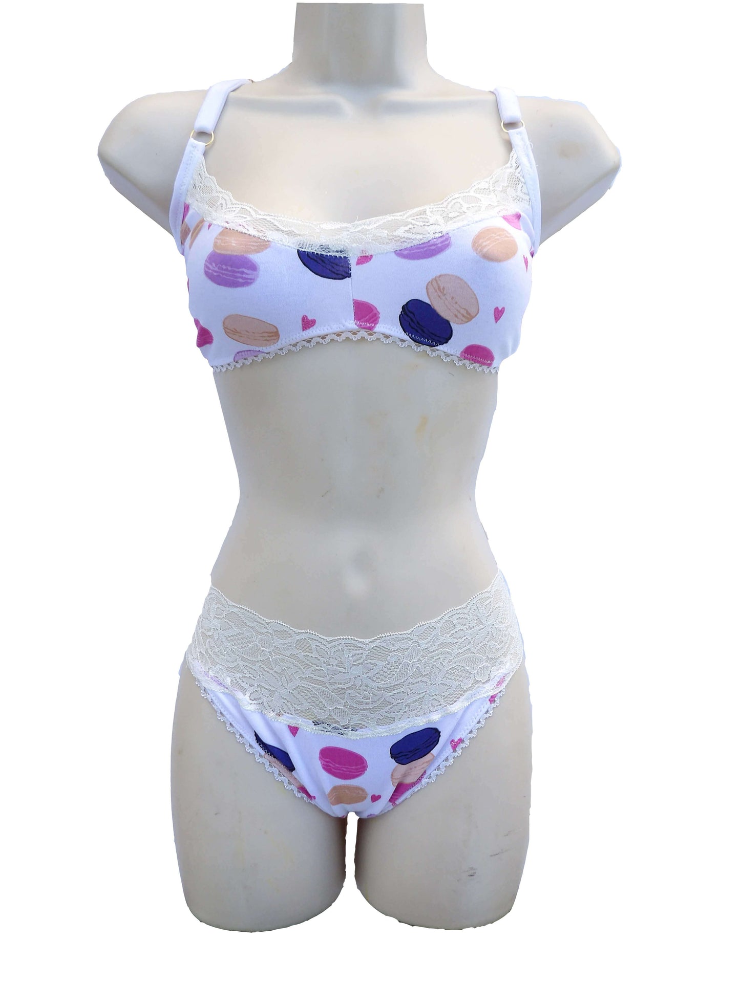 unique macaroon print lingerie on mannequin
