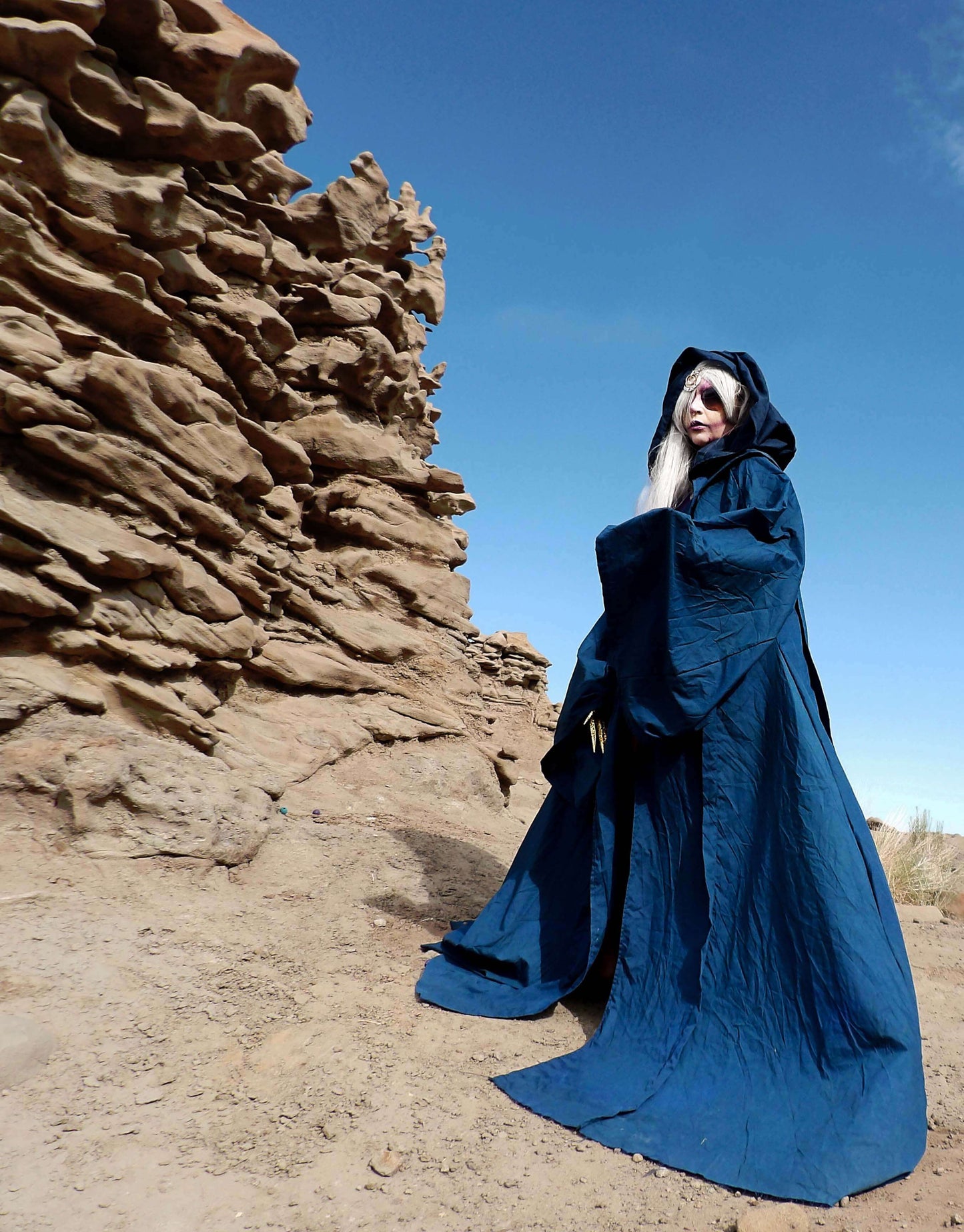 Navy Blue Occult Robe with Giant Hood, Oversized Sleeves