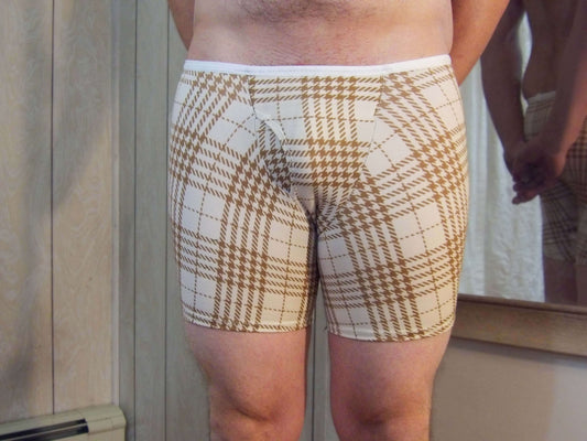 model wearing tartan boxer briefs