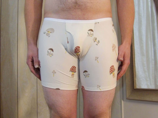 male model in unique mushroom pattern boxer briefs