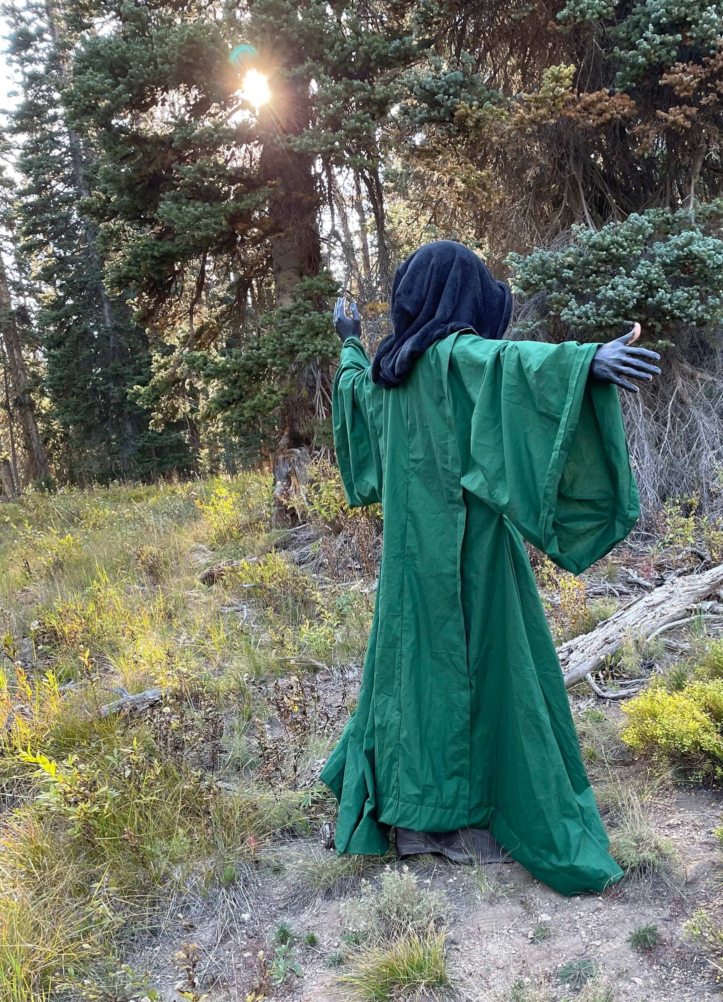 Pine Green Occult Robe with Oversized Black Velvet Hood and Large Bell Sleeves