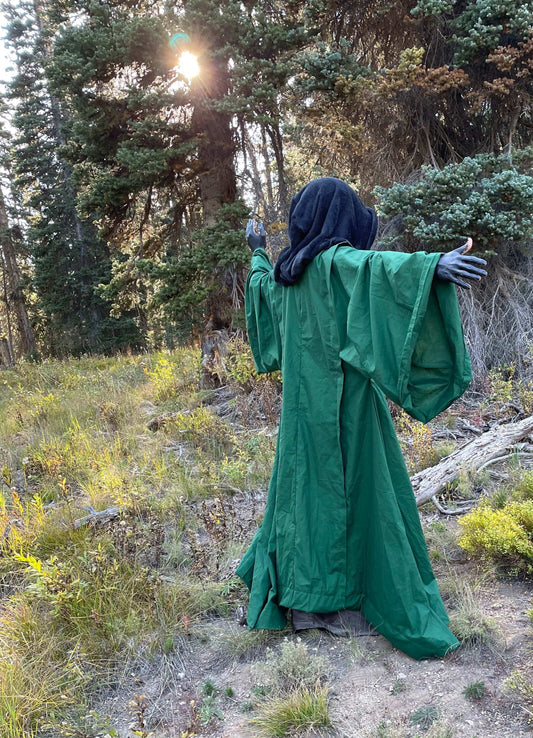 Pine Green Occult Robe with Oversized Black Velvet Hood and Large Bell Sleeves