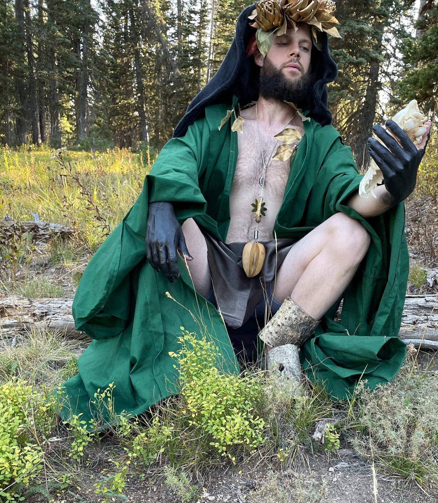 Pine Green Occult Robe with Oversized Black Velvet Hood and Large Bell Sleeves