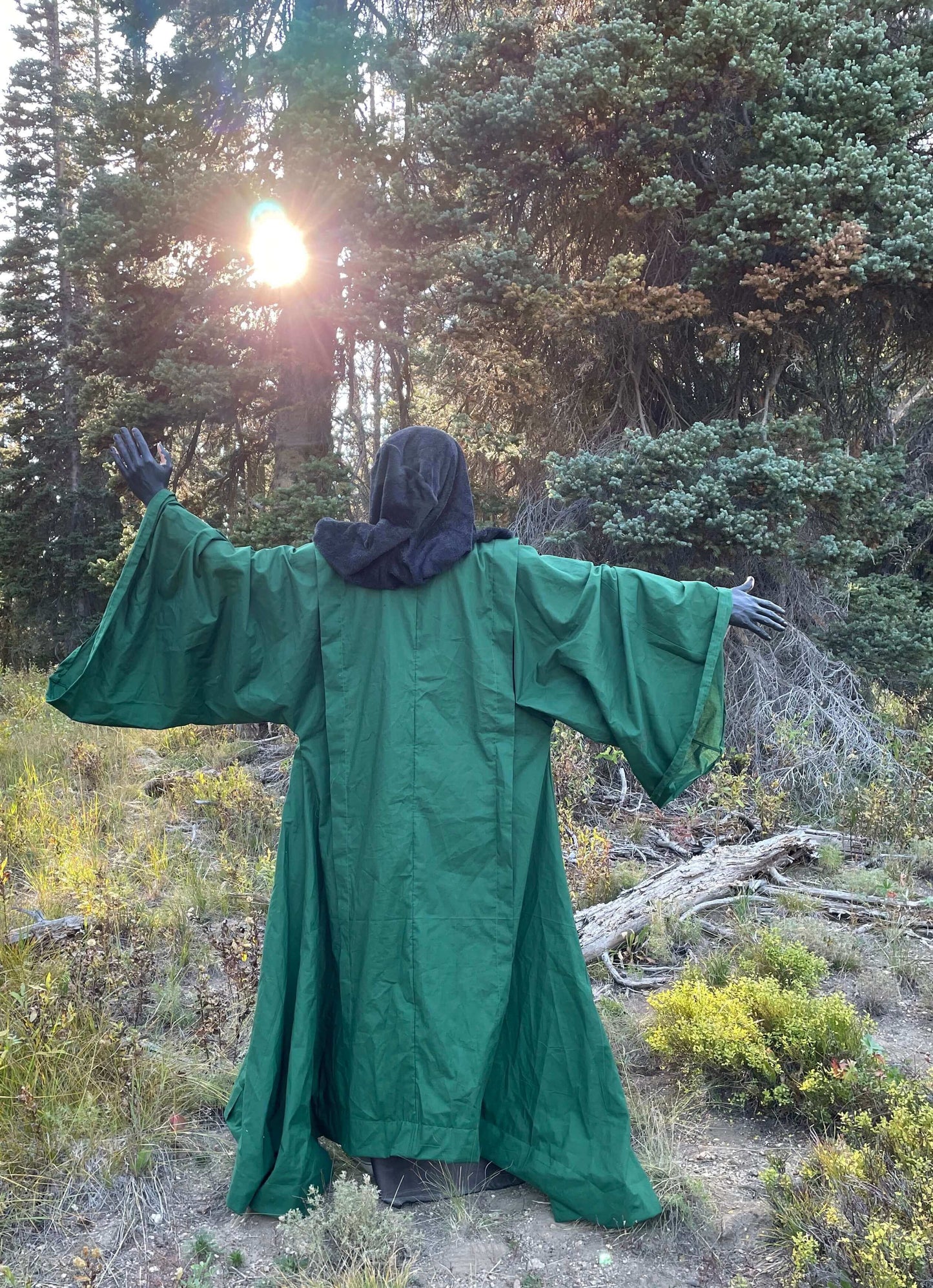 Pine Green Occult Robe with Oversized Black Velvet Hood and Large Bell Sleeves