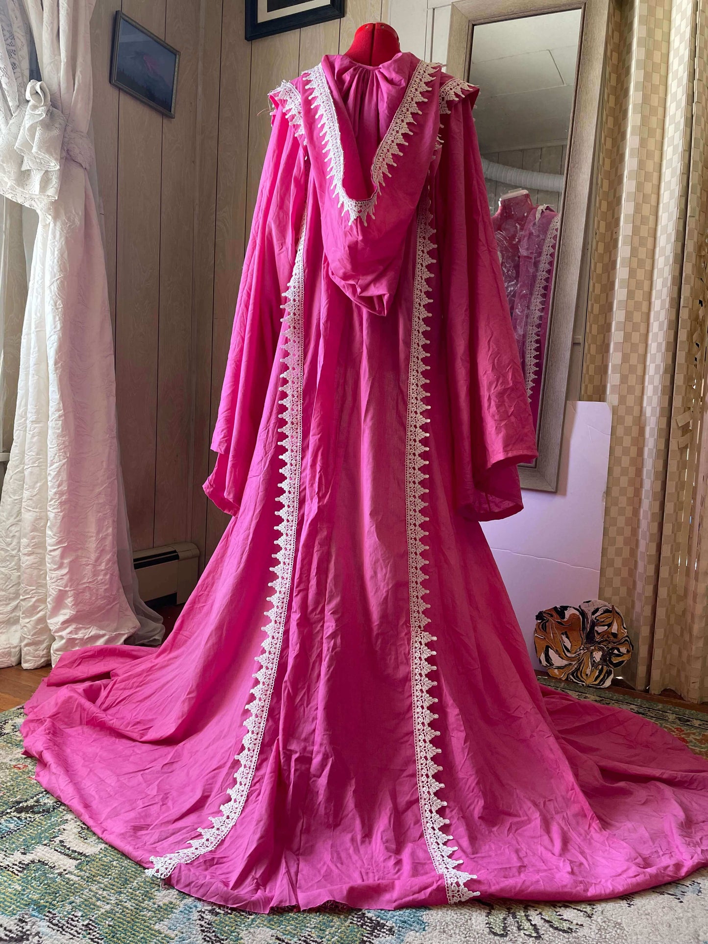 Pink Petal Lace Trimmed Full Cloak with Bell Sleeves and Oversized Hood
