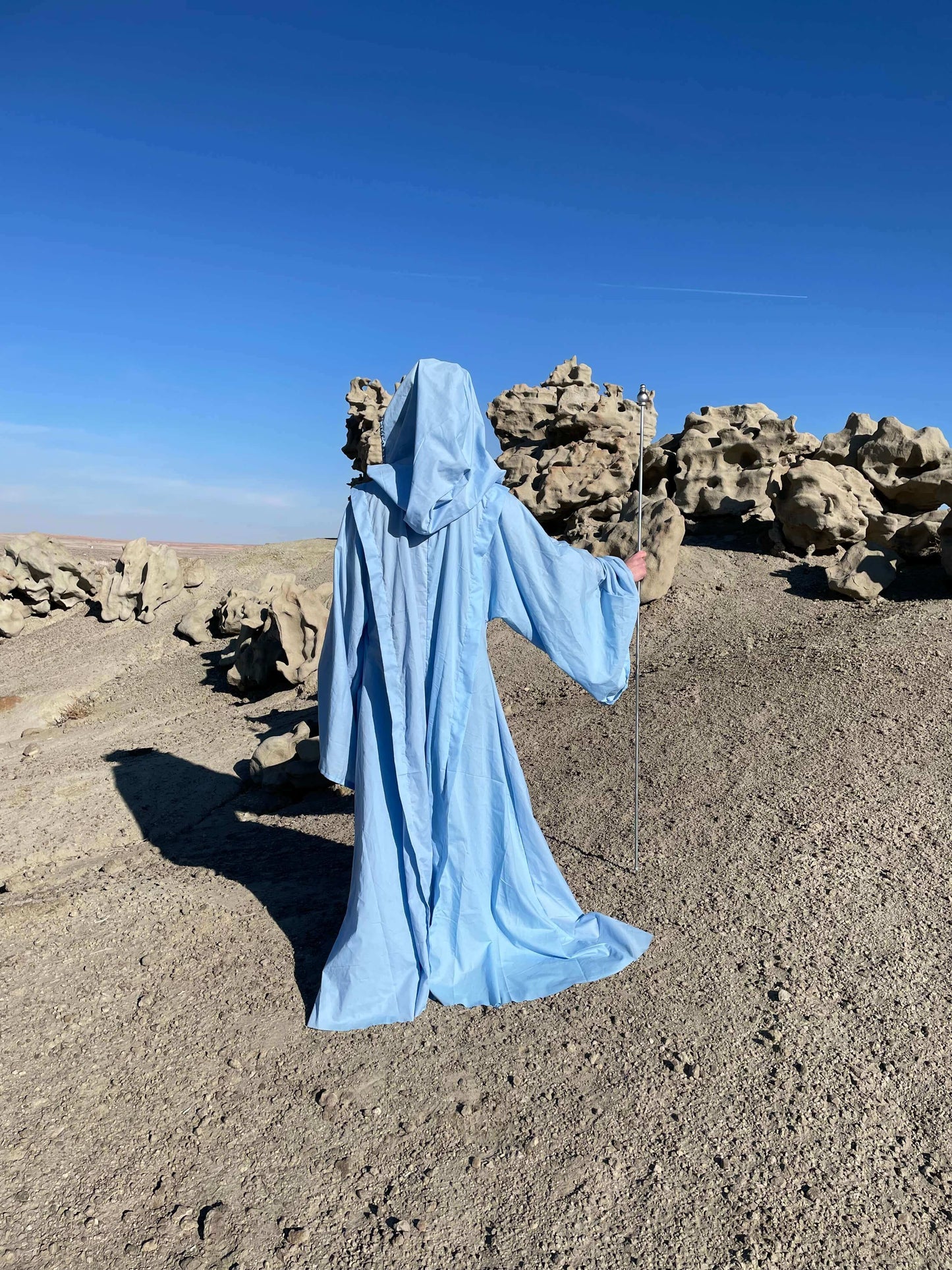 Powder Blue Partially Studded Full Cloak with Bell Sleeves and Oversized Hood