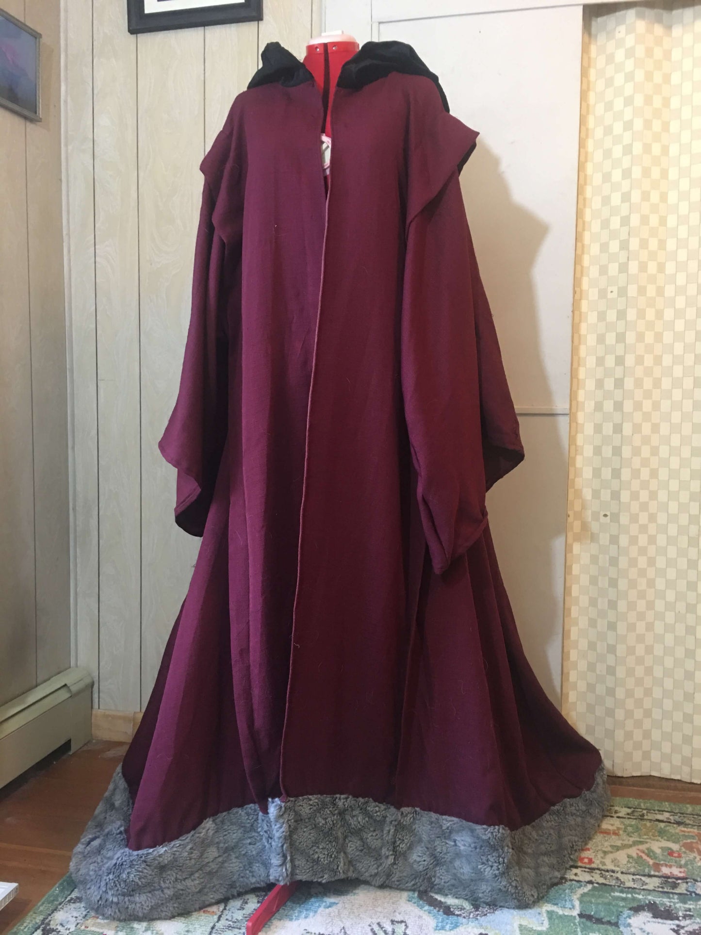 Kings Robe: Fur Trimmed Linen Weave with Lined Velvet Hood Custom Color and Faux Fur