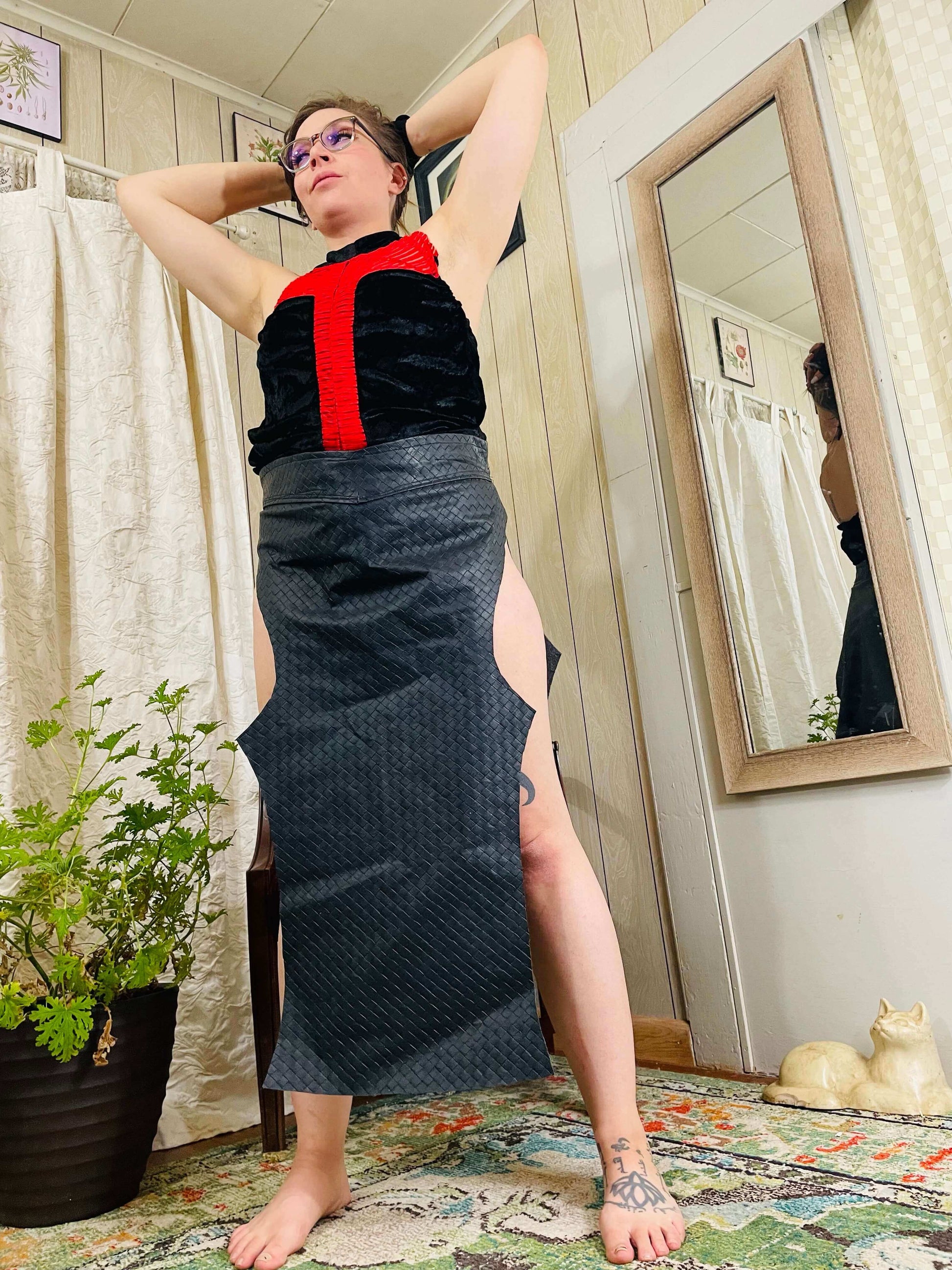 model in sith inspired dress