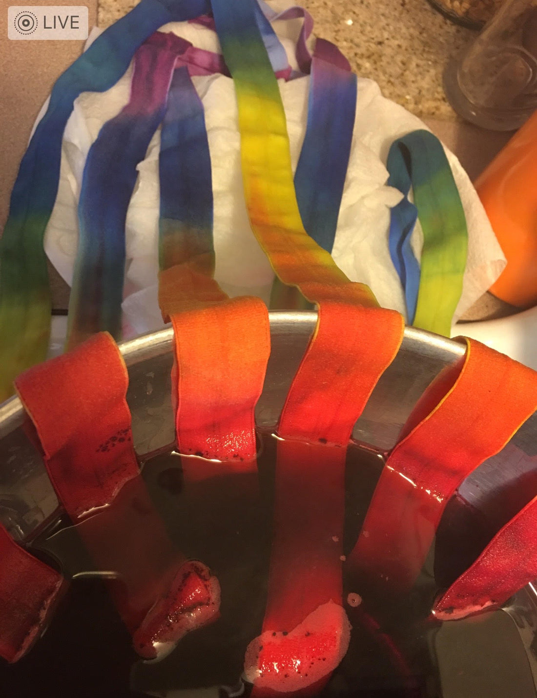 DIY hand dying elastic in rainbpw colors