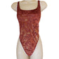 Burgundy and gold Flowers Sheer Hooded Thong cut Bodysuit
