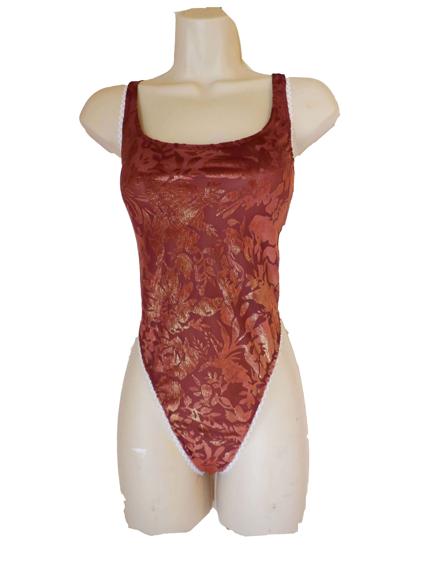 Burgundy and gold Flowers Sheer Hooded Thong cut Bodysuit