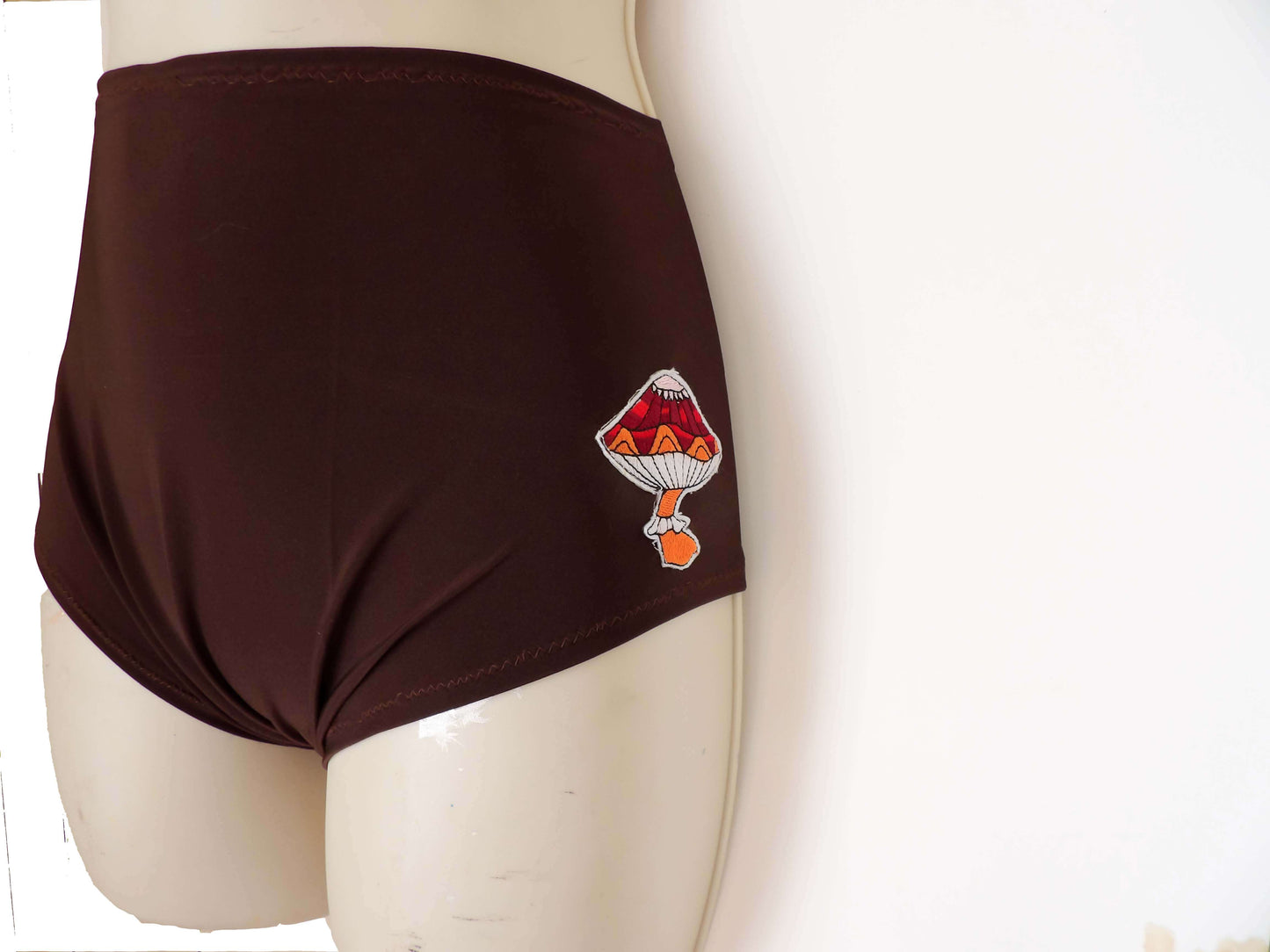 Classic Brown Booty Shorts with Mushroom Patch detail