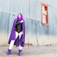 Standard Teen Titans Raven Inspired Sleek Black Bodysuit with Zipper at Back, Fitted Cape with Exaggerated Hood, and Purple Wrist Bands Cosplay Pack