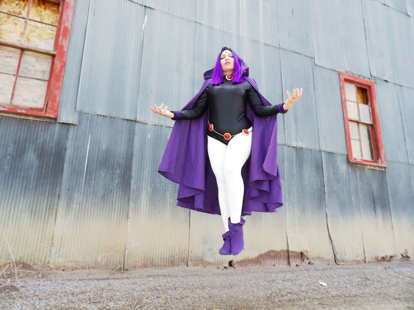 Standard Teen Titans Raven Inspired Sleek Black Bodysuit with Zipper at Back, Fitted Cape with Exaggerated Hood, and Purple Wrist Bands Cosplay Pack