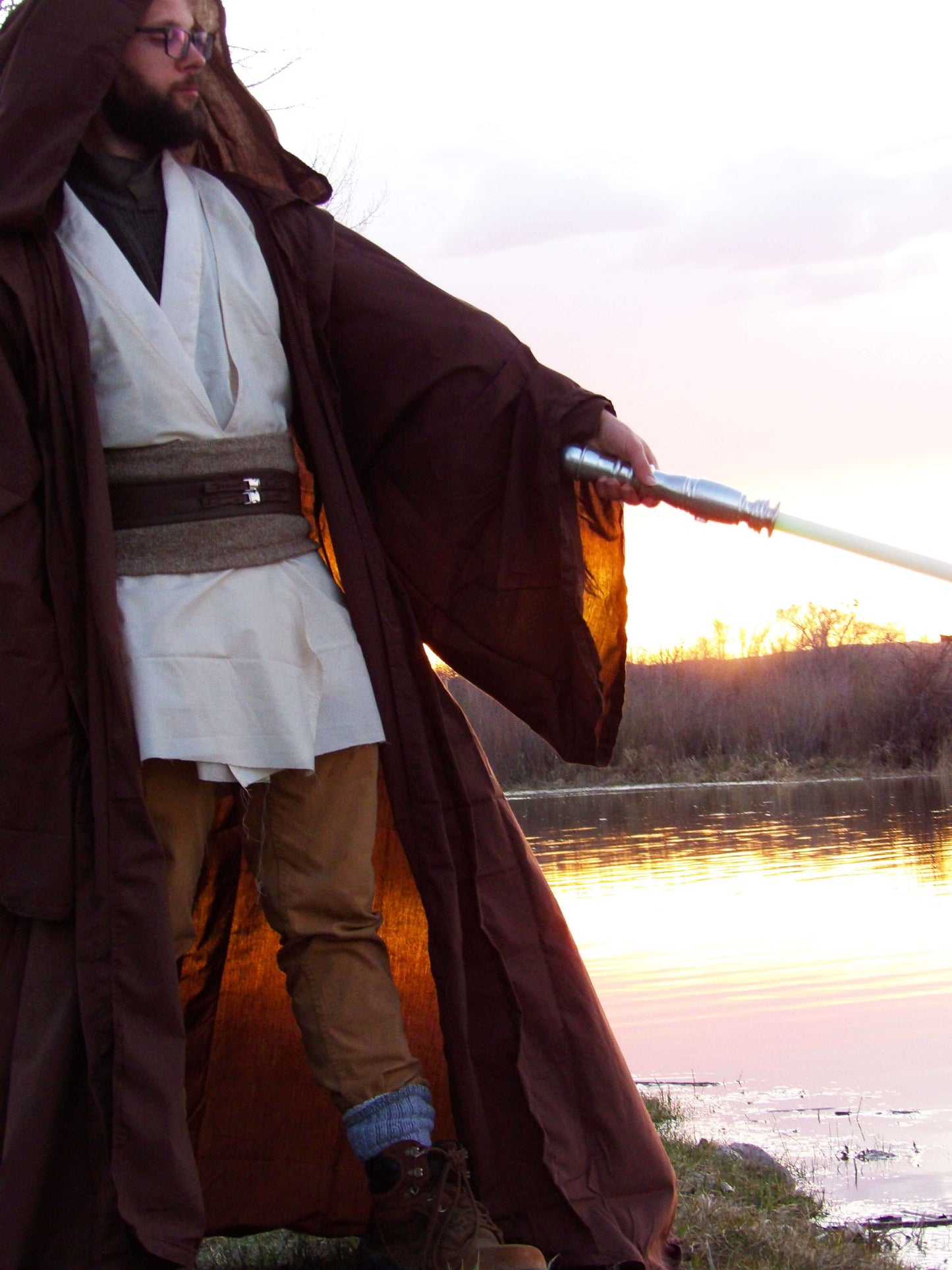 Jedi Cosplay with Full Brown Robe and Under Robes in Light Biege