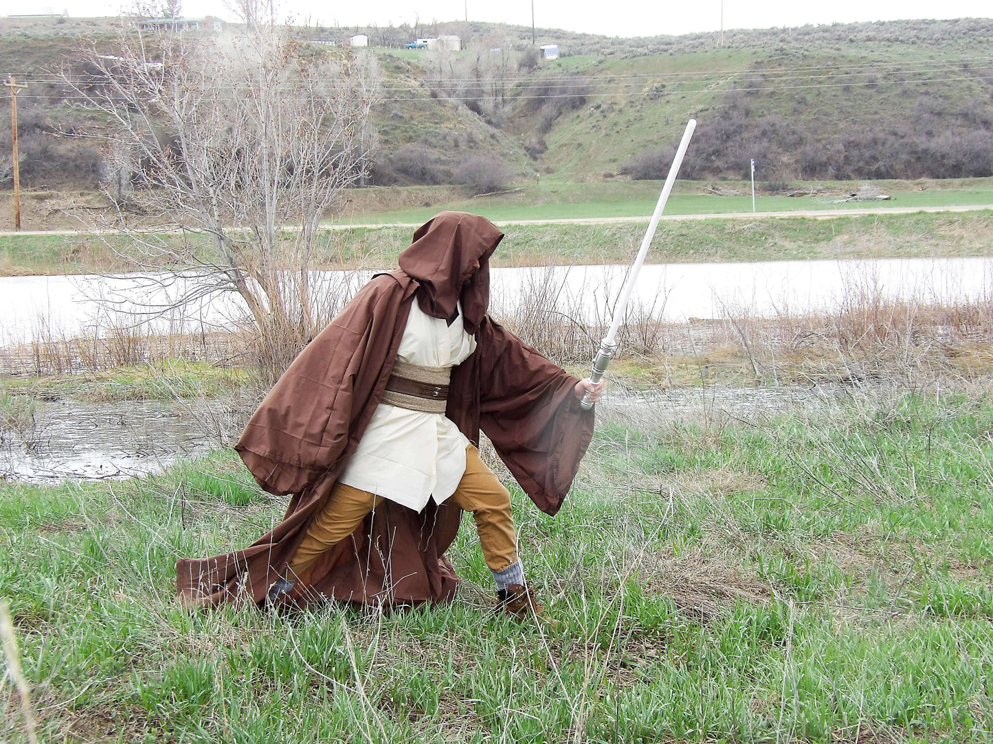 Jedi Cosplay with Full Brown Robe and Under Robes in Light Biege