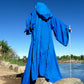 back of blue full costume robe on model