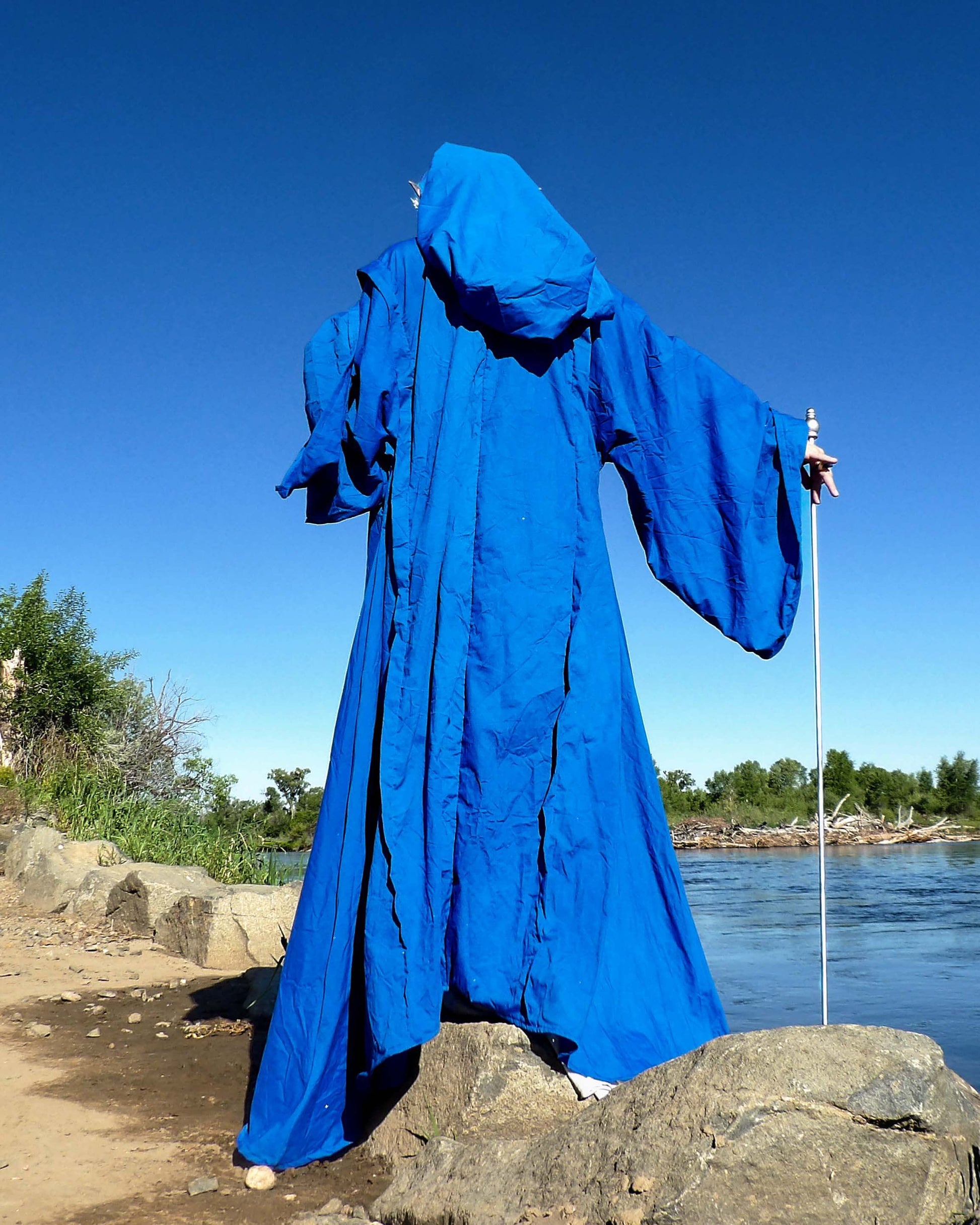 back of blue full costume robe on model