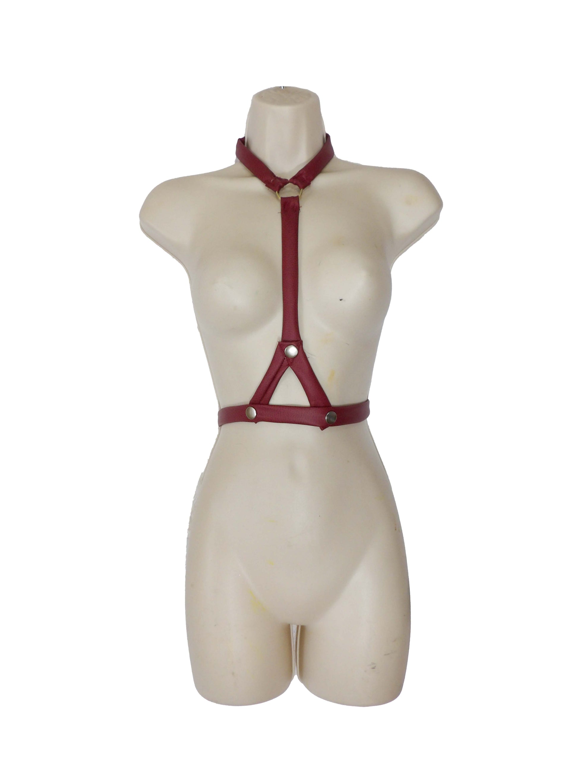burgundy body harness on mannequin
