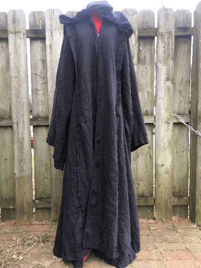 100%l inen black hooded cloak with oversized hood and giant bell sleeves