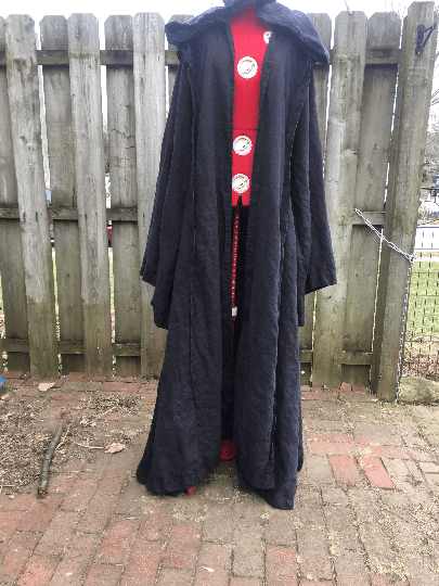 100%l inen black hooded cloak with oversized hood and giant bell sleeves