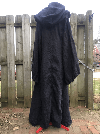 100%l inen black hooded cloak with oversized hood and giant bell sleeves