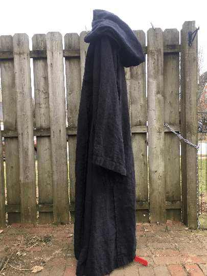 100%l inen black hooded cloak with oversized hood and giant bell sleeves