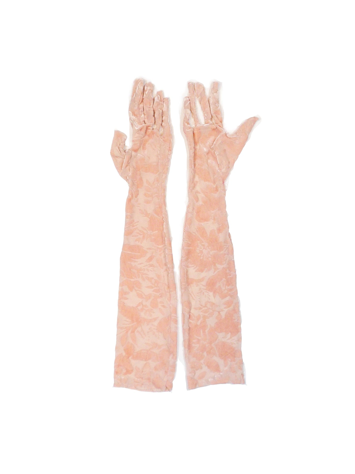 Champagne Pink Velvet and Sheer Floral Opera Length Gloves