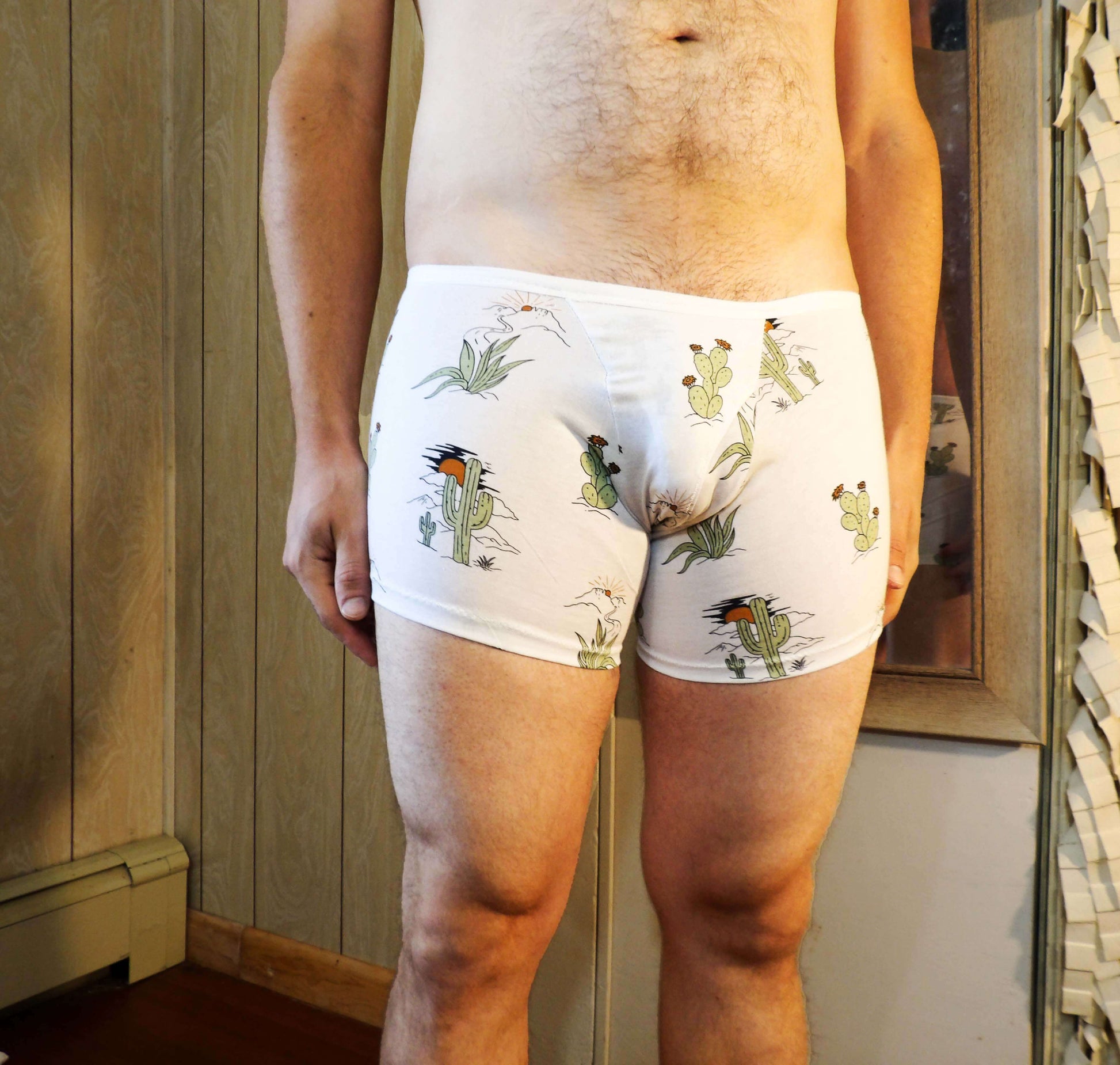 shirtless man in cactus print boxer briefs