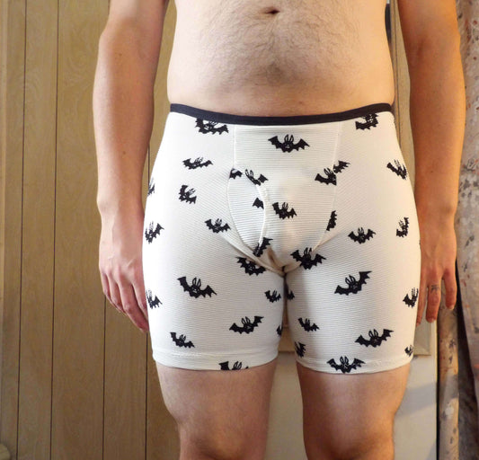 male model in whimsical bat boxer briefs