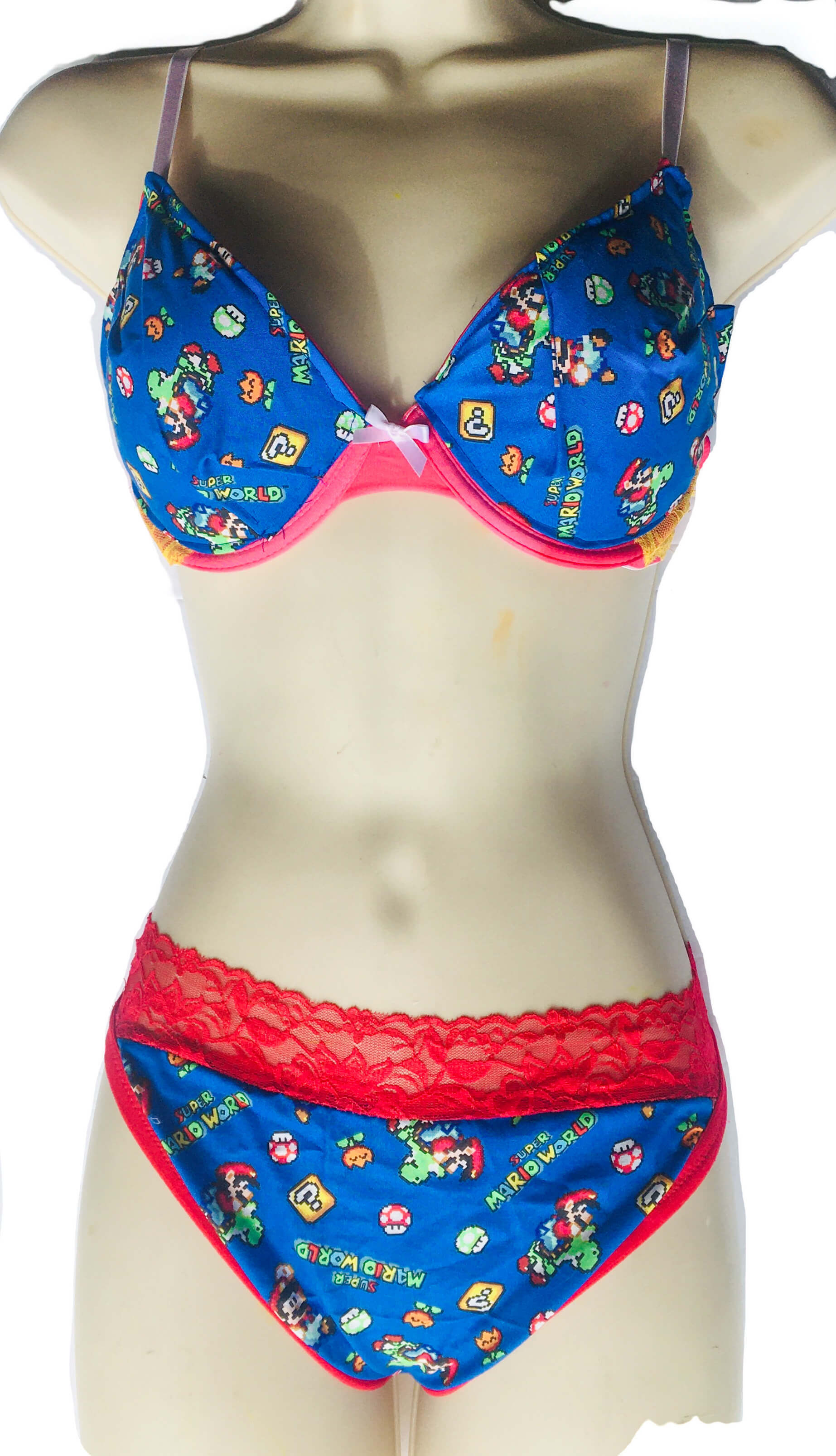 Red and Yellow Lace Mario Lightly Lined Demi Cup Bra T shirt Bra