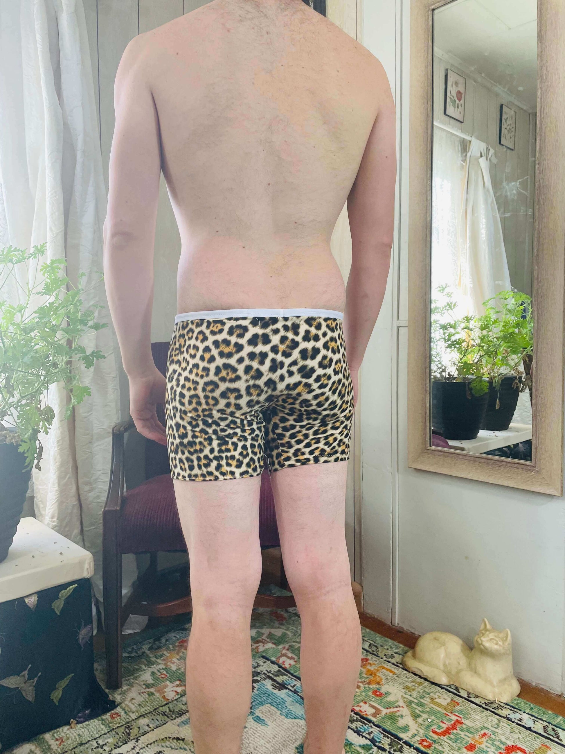 back of model in cheetah print boxer briefs