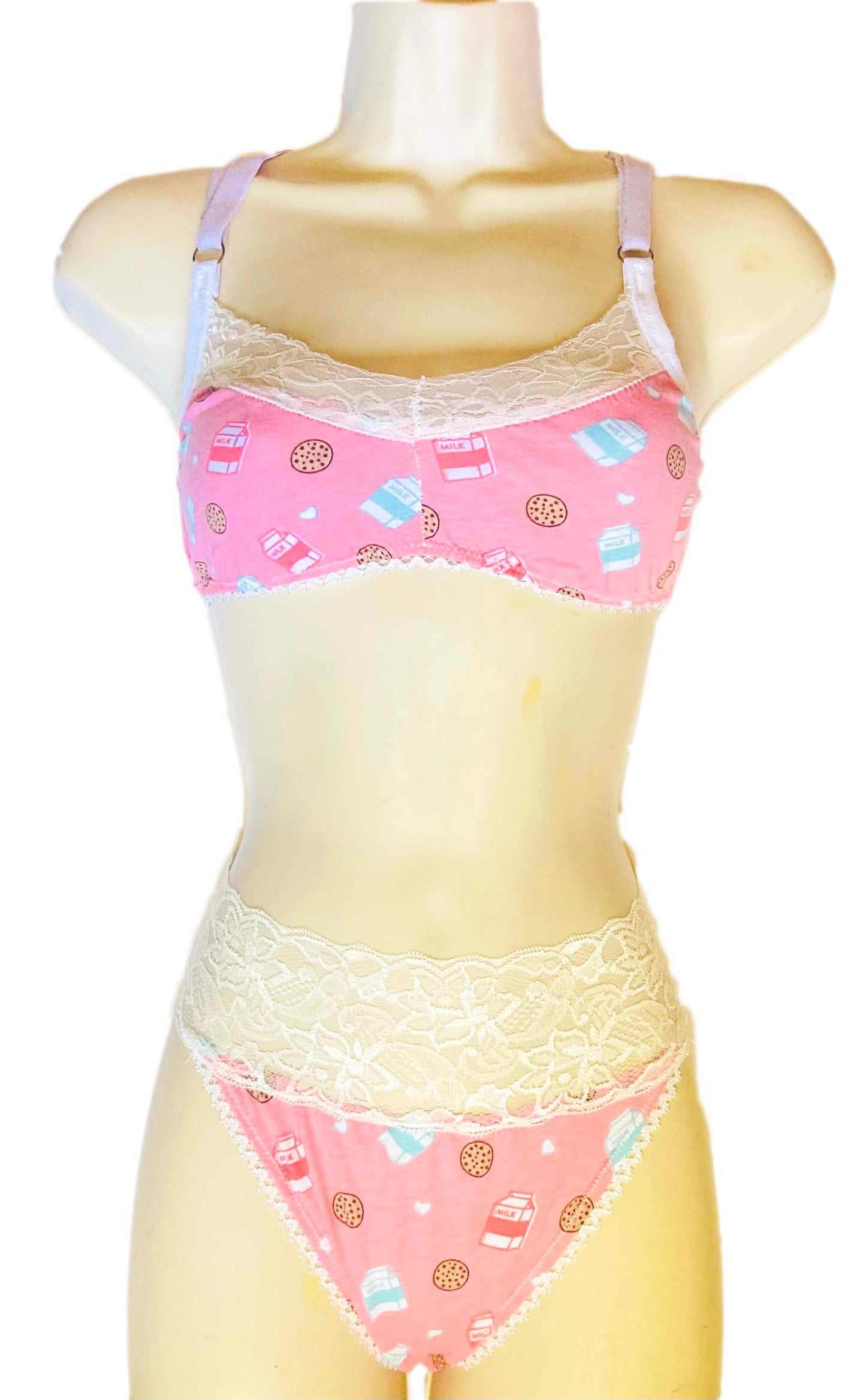 unique pink milk and cookies print lingerie on mannequin