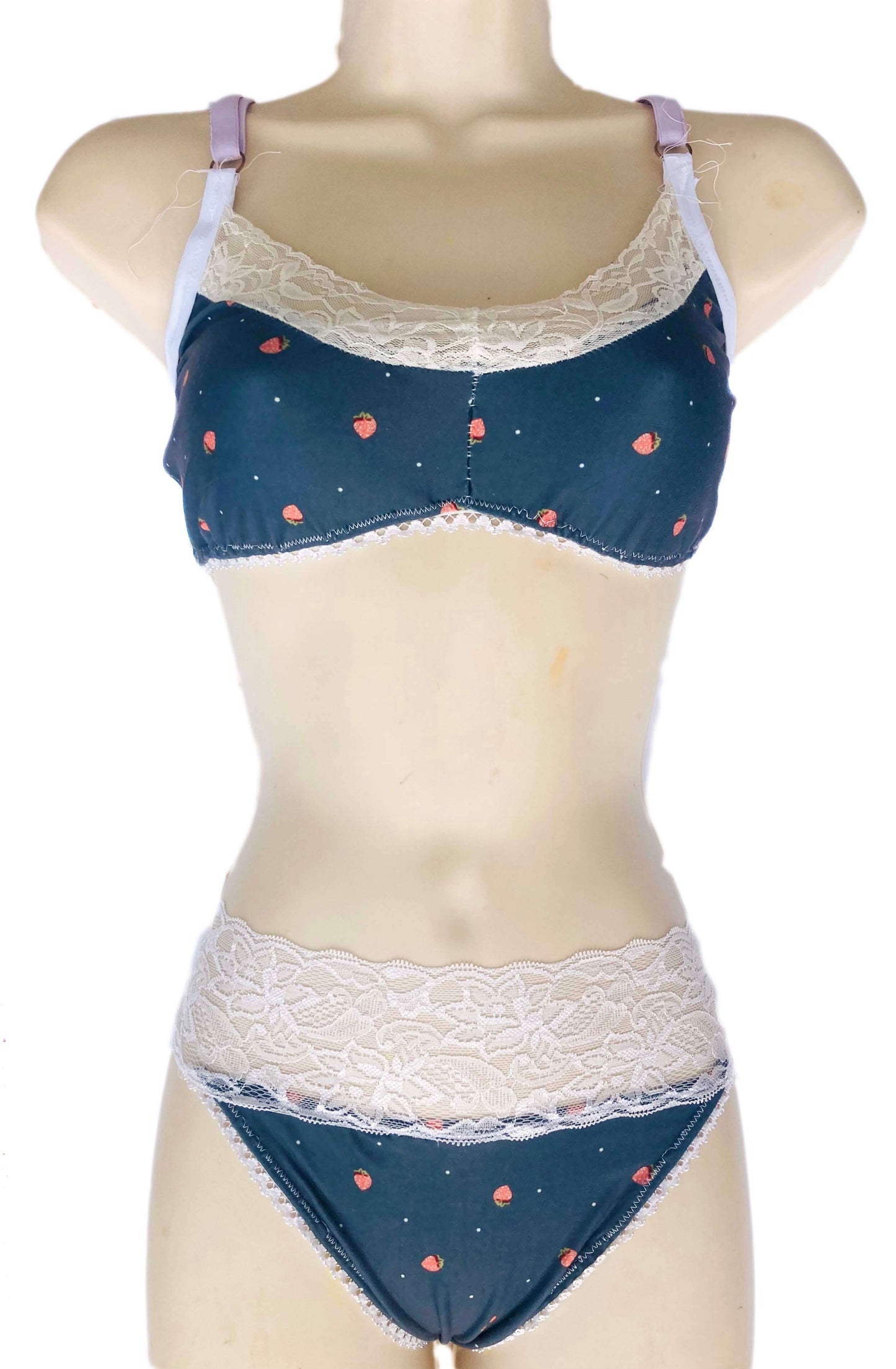 unique lingerie with tiny strawberries on manniquin