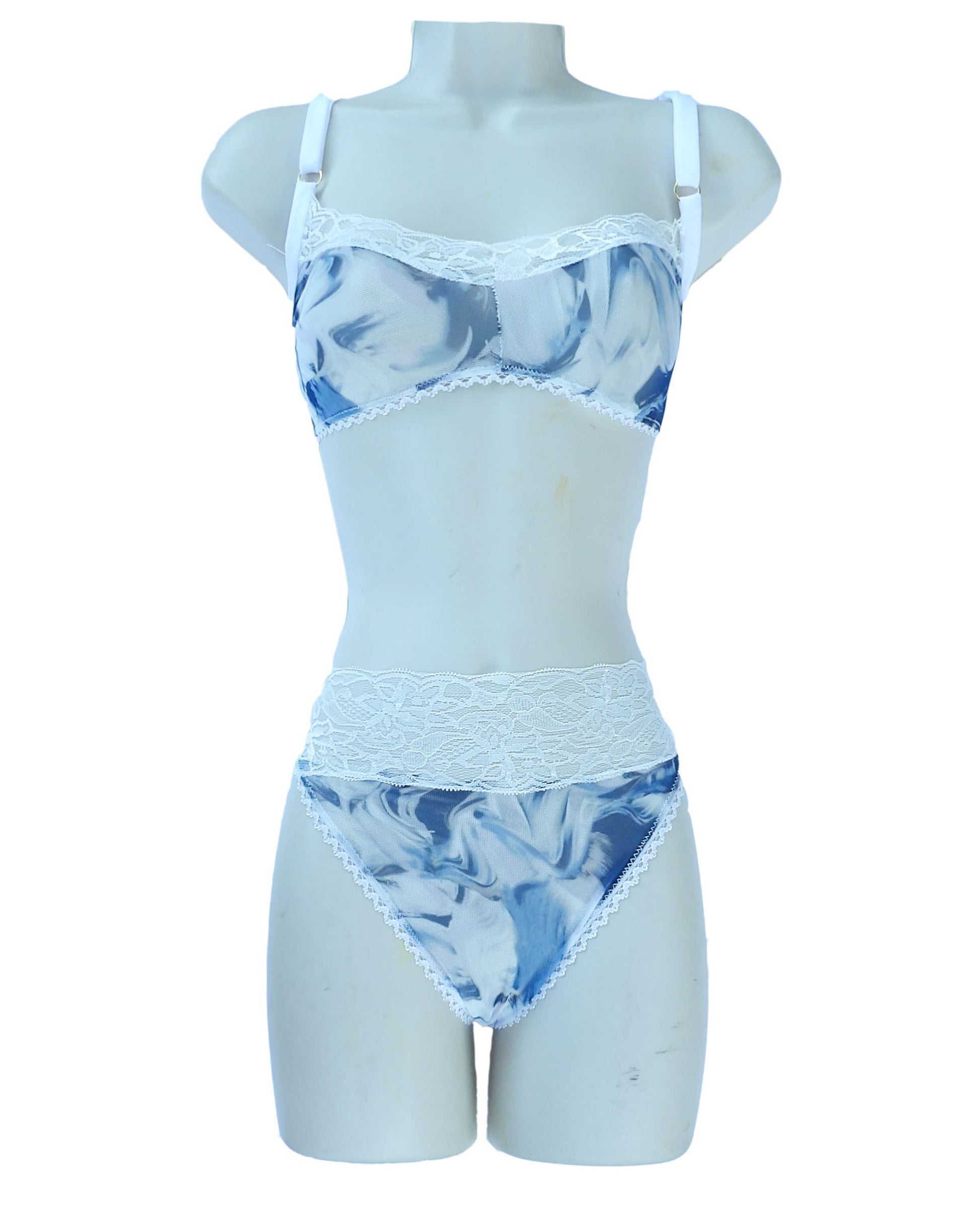 unique blue marbled lingerie set on mannequin