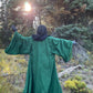 Pine Green Occult Robe with Oversized Black Velvet Hood and Large Bell Sleeves
