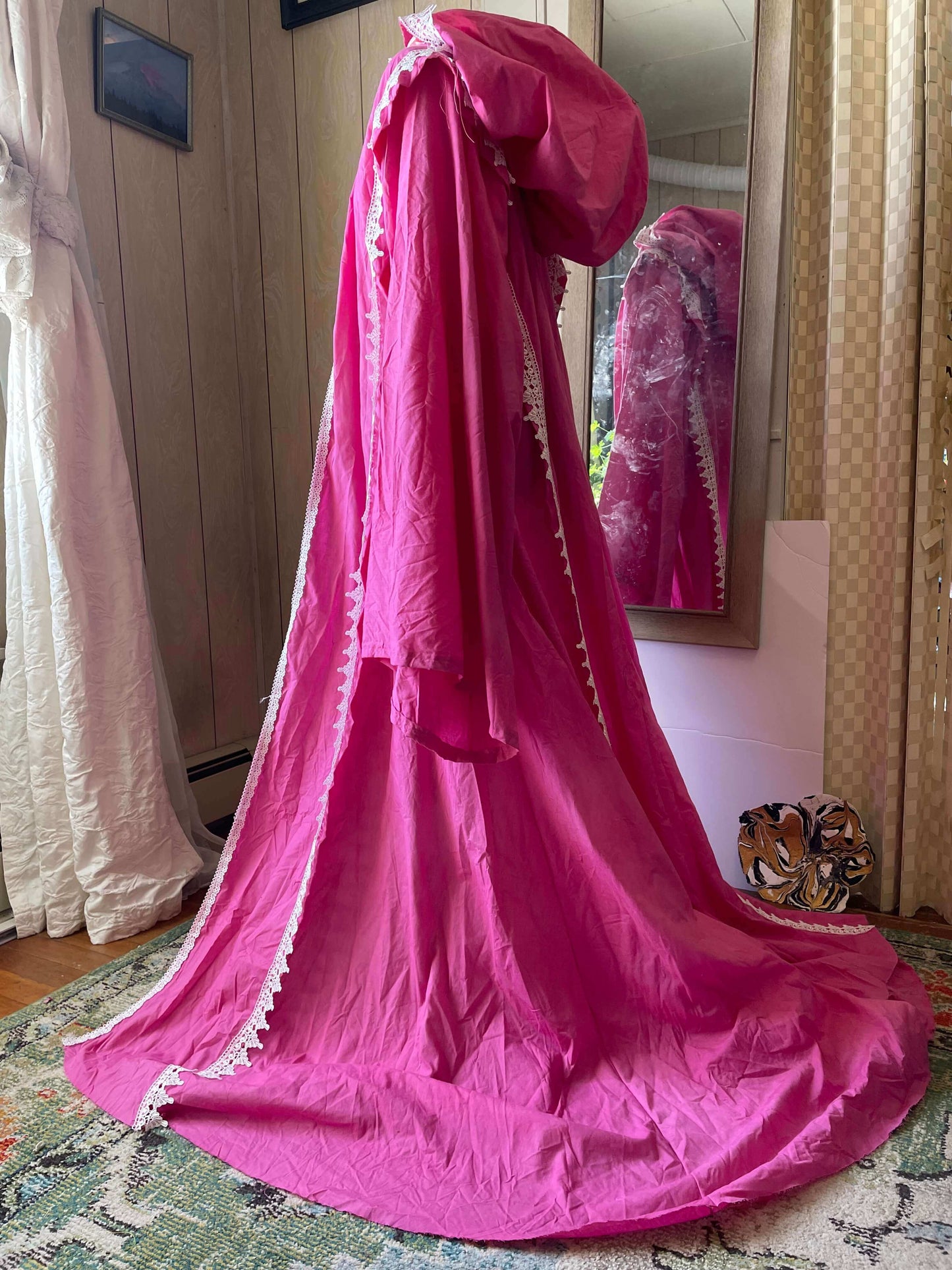 Pink Petal Lace Trimmed Full Cloak with Bell Sleeves and Oversized Hood