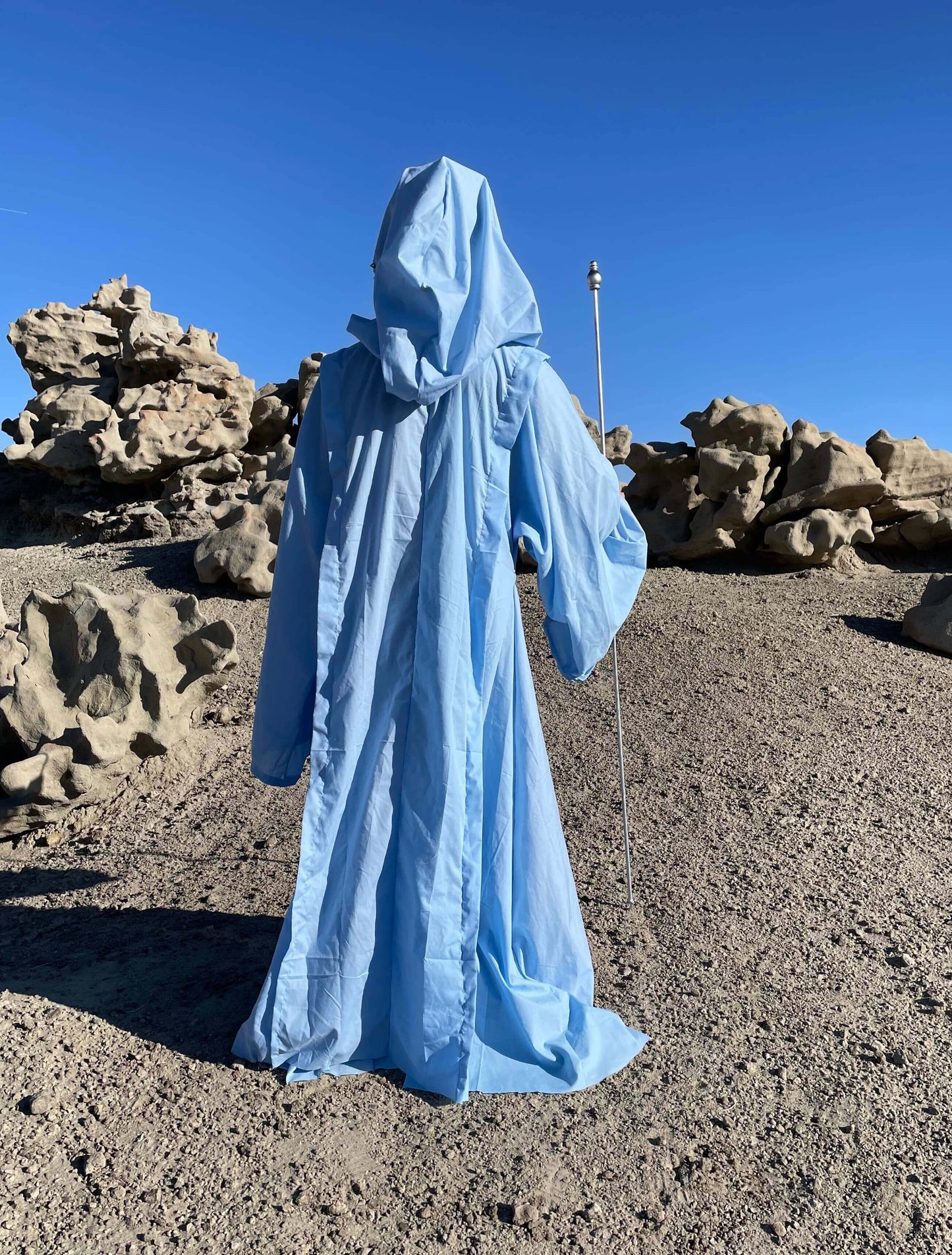 Powder Blue Partially Studded Full Cloak with Bell Sleeves and Oversized Hood